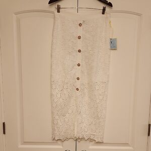 CeCe White Lace Pencil Skirt with Buttons